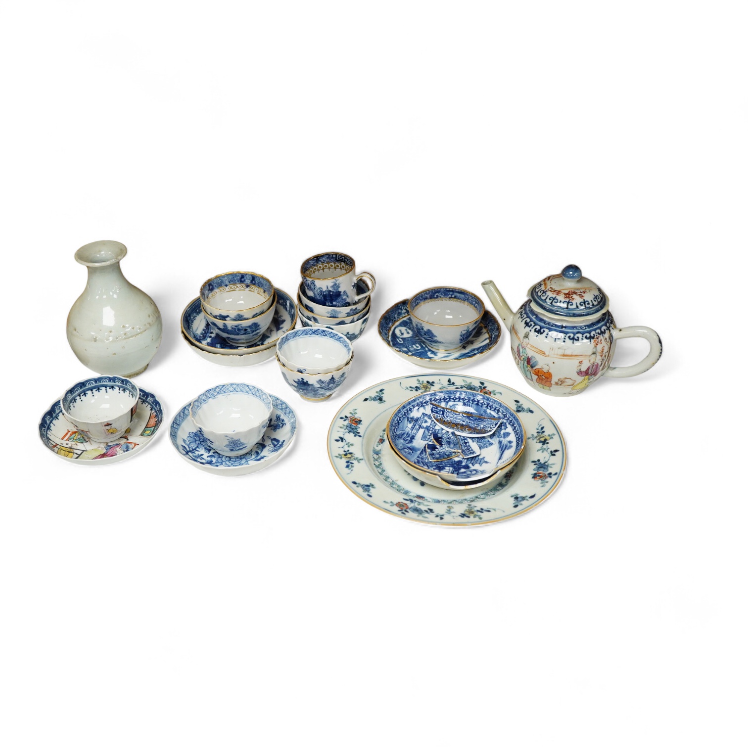 A Chinese Kangxi doucai plate, a group of 18th century Chinese porcelain tea wares and a porcelain bottle probably Korean 19th century, teapot - 15cm high
